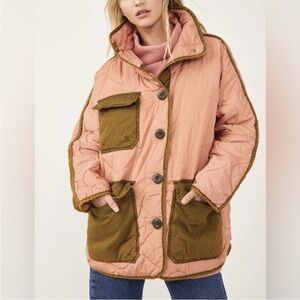 FREE PEOPLE Puffa Jacket Mixed Military Dolman Rose Combo Quilted Pockets Sz L